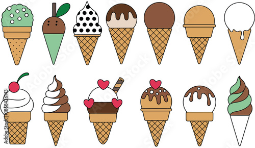 Ice cream cone vector illustration set featuring assorted flavors and toppings in flat cute style, ideal for summer dessert menus, packaging, branding, and fun culinary design projects.