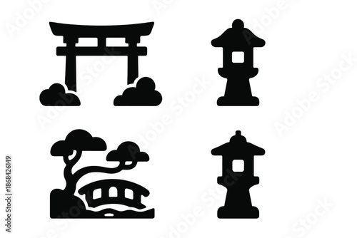 Traditional Japanese cultural symbols including Torii gate, stone lanterns, and garden bridge
