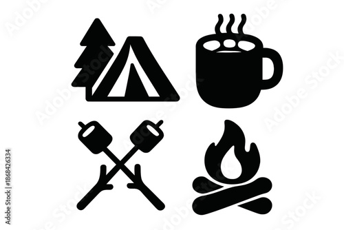 Outdoor camping and adventure symbols including tent, campfire, hot beverage, and roasting marshmallows
