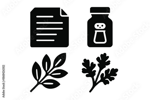 Cooking ingredients and recipe preparation elements like spice shaker and herbs