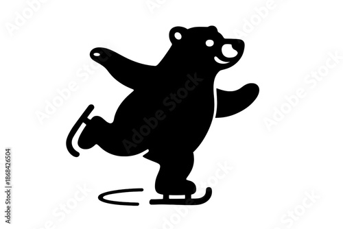Cheerful cartoon bear mascot figure ice skating gracefully on a frozen rink surface