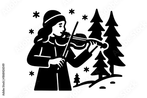 Musician playing violin in a snowy winter landscape surrounded by tall pine trees