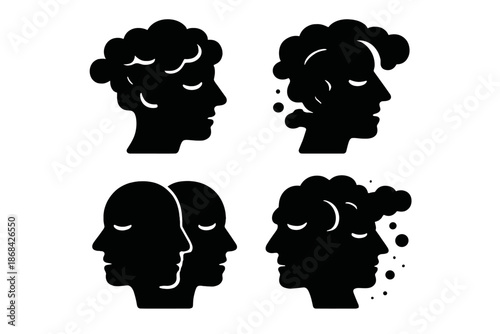 Four conceptual human head silhouettes symbolizing psychology, identity, and complex thought
