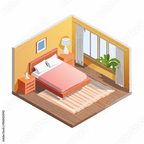Isometric modern bedroom interior design, showcasing a comfortable bed, nightstands, and a bright window, creating a serene and inviting private sanctuary for restful sleep