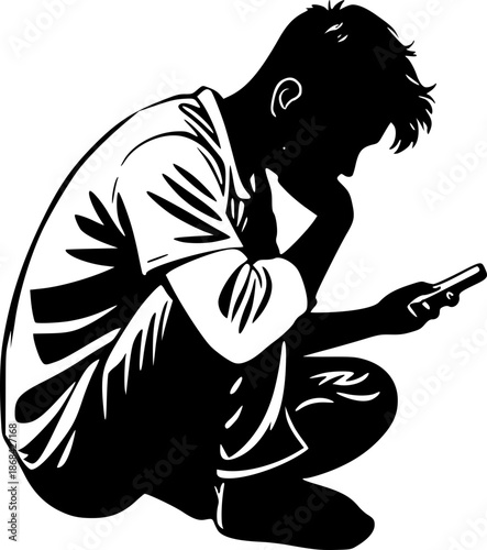 Technology Addiction Concept Hunched Person Using Smartphone