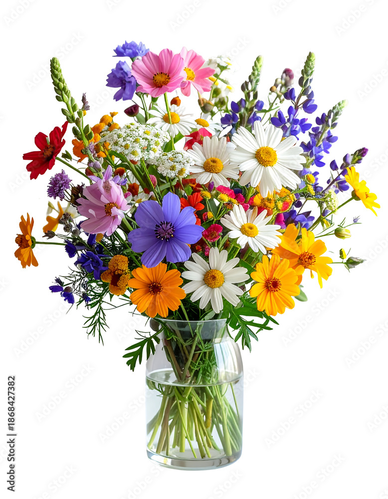 Obraz premium A colorful bouquet of mixed wildflowers in a clear glass vase, symbolizing the fresh beauty of spring nature.