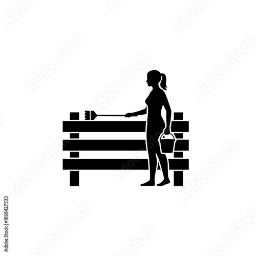 Black silhouette of woman painting wooden fence. Female painter with brush and bucket icon. Home renovation and DIY maintenance concept. Isolated graphic glyph