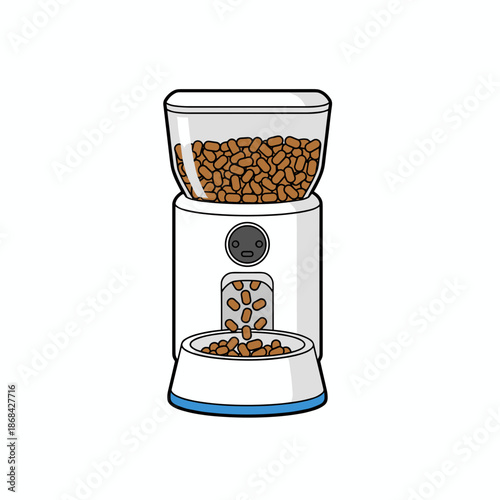 Automatic pet feeder dispensing kibble into a bowl. Modern smart pet care device. Flat design graphic isolated on white background
