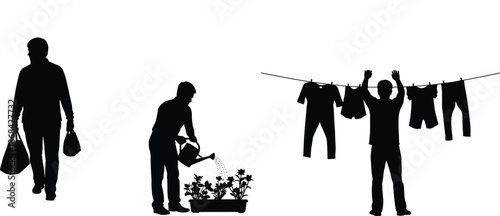 Silhouettes of people doing laundry and gardening on a white background watering plants