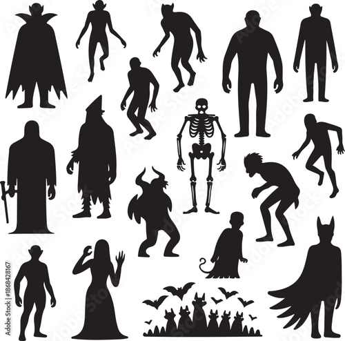 Black silhouettes of various Halloween characters on white background