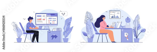 Two business people analyzing financial data and reports on computer screens in modern office desks with plants and technology devices flat vector illustration