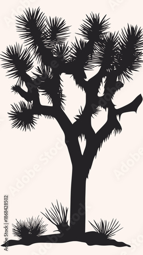 Black silhouette of Joshua tree with spiky leaves on desert ground in flat minimalist vector style isolated on light background for nature and landscape design