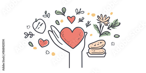 Hand holding heart with food donation, charity support with flowers and apple, volunteer helping community with love and care doodle line art vector illustration