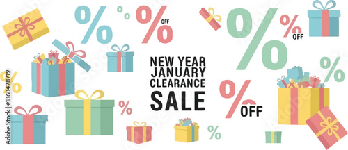 Festive graphic banner design advertising a major new year and january clearance sale event featuring colorful gift boxes and percentage discount symbols.