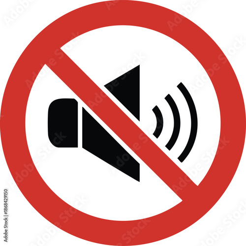 Universal "No Sound" Prohibitory Sign, Muted Speaker Icon in a Red Strike-Through Circle, Black and Red Silence Symbol, Mute Audio Warning Graphic, vector, illustration, silhouette.
