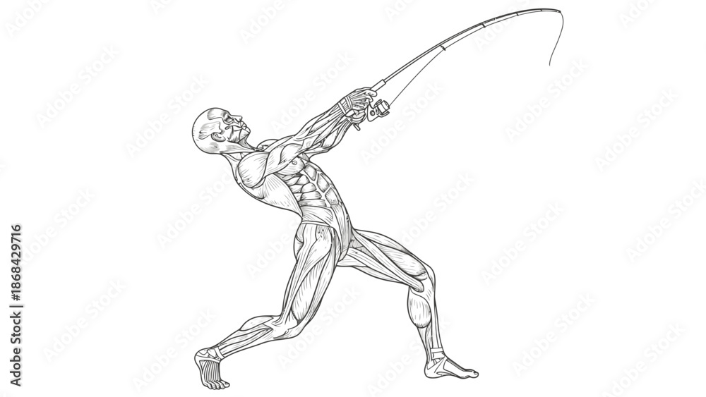 Fototapeta premium Detailed anatomical line drawing of a human figure in a dynamic pose, casting a fishing rod, showcasing muscle structure and movement.