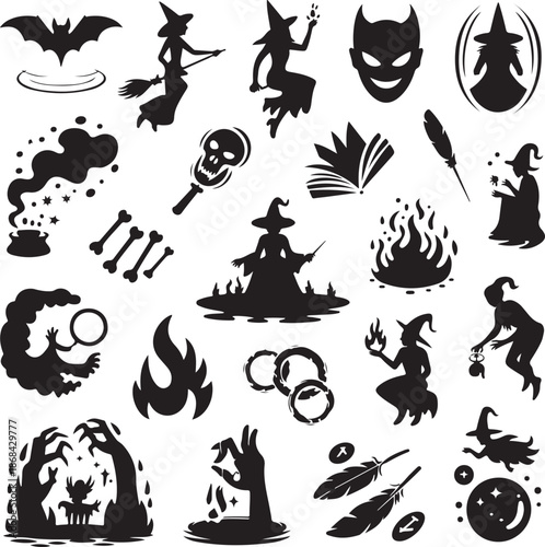 Black silhouettes of various Halloween themed icons and symbols on white background