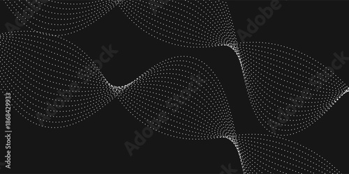 Wave of flowing vanishing particles vector abstract background, curvy lines dots in motion over black relaxing illustration, smoke like image