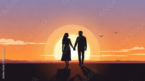 Silhouette of a loving couple holding hands walking towards a vibrant orange sunset with birds flying overhead on a serene landscape with love