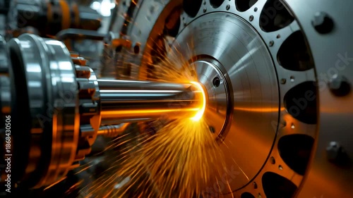 High precision metal machining process with rotating industrial spindle producing bright sparks inside advanced manufacturing workshop
