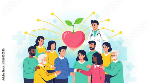 Diverse group of people standing together with heart symbolizing unity and healthcare with diversity and community and support and wellness and teamwork