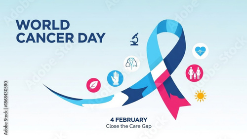 World cancer day awareness ribbon with symbols for health and care on light blue background with cancer awareness and healthcare and medical