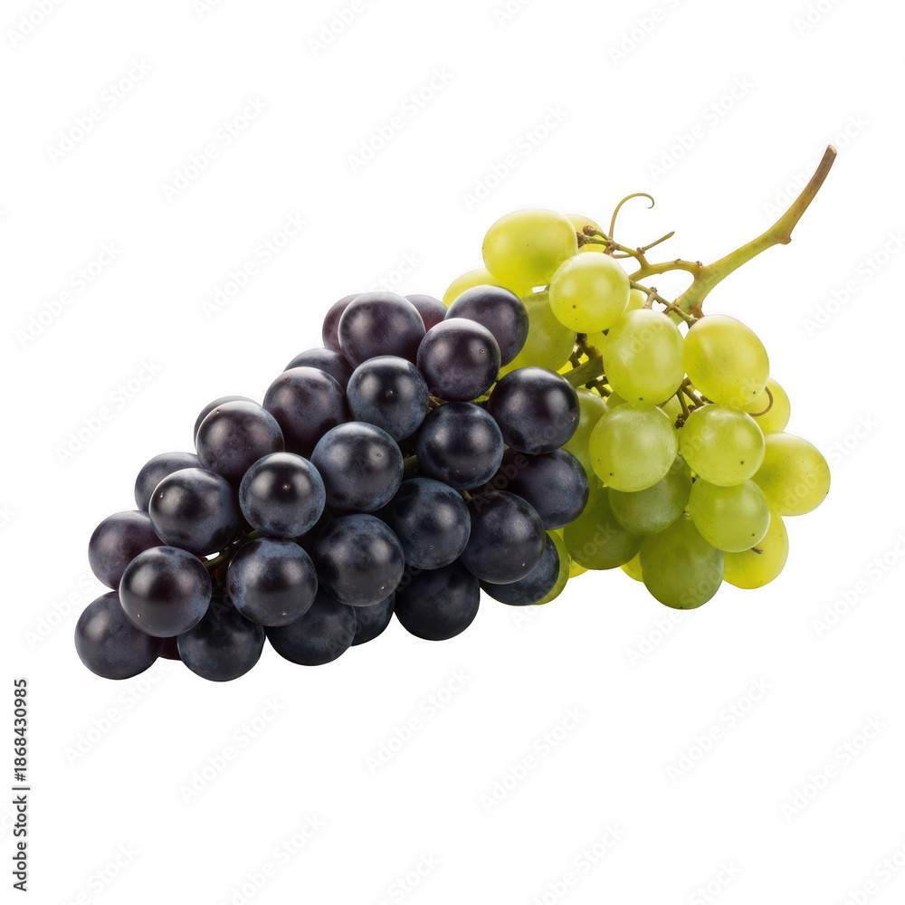 Fototapeta premium A vibrant bunch of grapes featuring both dark purple and bright green varieties isolated on transparent background