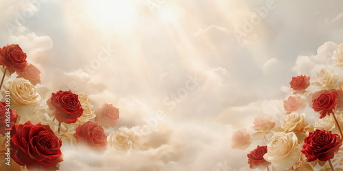 Heavenly rose memorial background with soft clouds, glowing light rays and red and white roses symbolizing love and peace