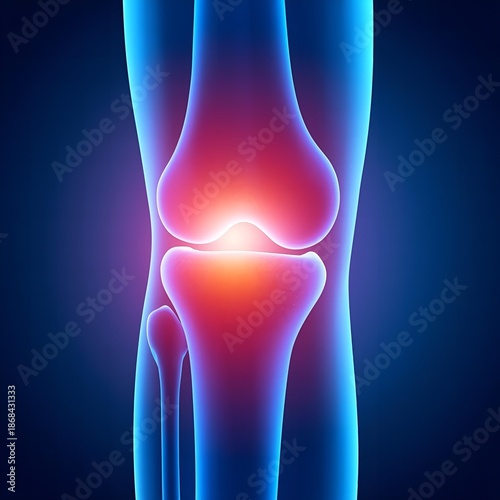Human knee joint with highlighted pain area in medical illustration