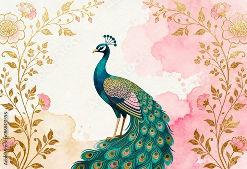 Exquisite Peacock in Botanical Splendor: A regal peacock stands poised amidst delicate floral artistry and soft watercolor washes, embodying elegance and grace.