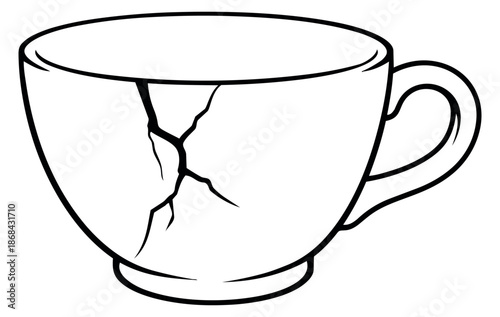 Line art illustration of a cracked cup depicting damage for a fragile concept