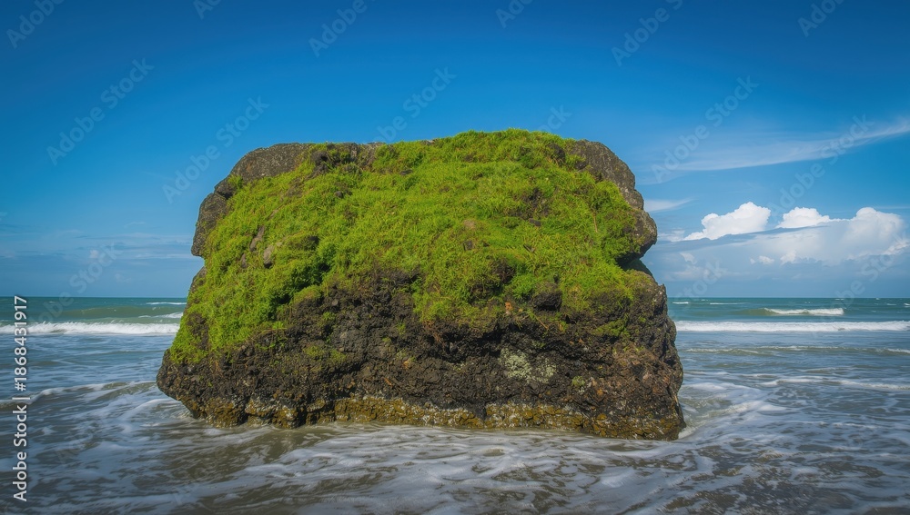 Fototapeta premium Lichen-covered stone on Makassar's shore
