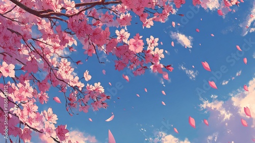 anime style illustration cherry blossom branches extend toward sky filled with light clouds. Petals fall gently from trees, creating beautiful scene typical of spring in park