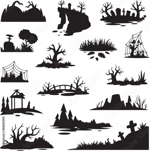 black silhouettes of various landscapes and trees on white background