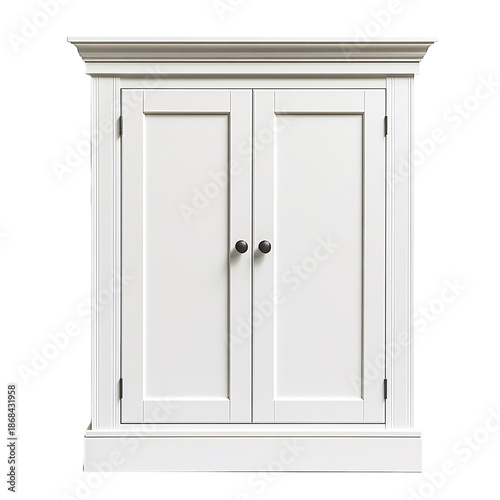 Front view of a white shaker-style cabinet with recessed panels isolated on a white transparent background