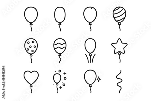 Balloon Icon Set. Birthday helium balloons. Line outline icon set of Birthday helium balloons: classic helium