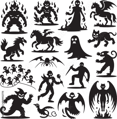 black silhouettes of various monsters and creatures on white background