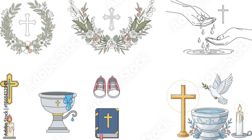 Christian Baptism Vector Illustrations – Cross, Holy Water, Dove & Religious Symbols