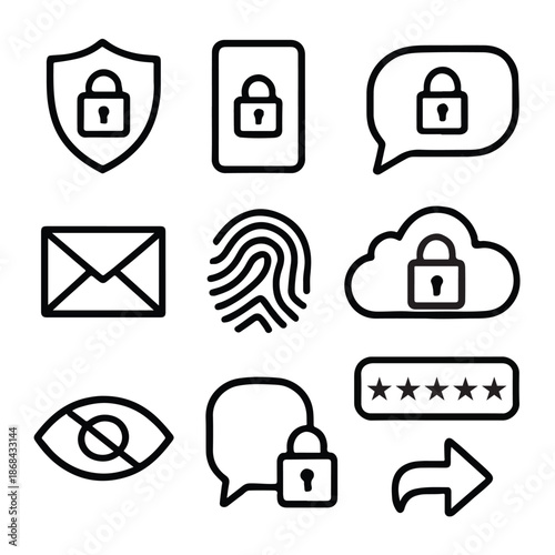 Security shield lock fingerprint cloud mail eye password and arrow padlock