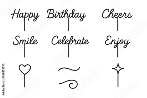 Birthday Topper Icon Set. Birthday message toppers. Line outline icon set of Birthday message toppers: happy