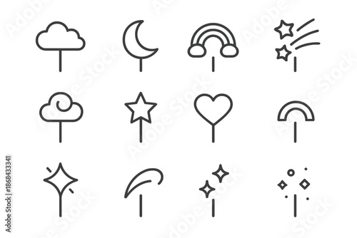 Whimsical Cake Toppers Icons. Whimsical cake toppers. Line outline icon set of Whimsical cake toppers: cloud