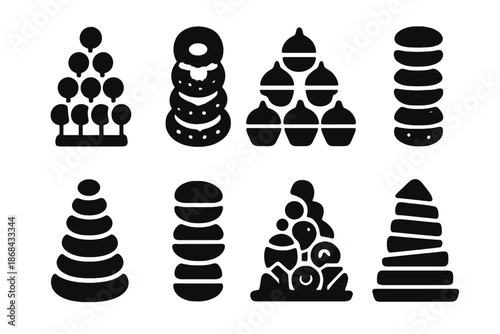 Birthday Sweet Icons. Birthday sweet tower. Filled icon set of Birthday sweet tower: cake pop tower, donut