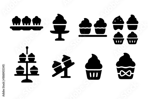 Cupcake Icon Display. Cupcake display. Filled icon set of Cupcake display: cupcake tray, cupcake pedestal,