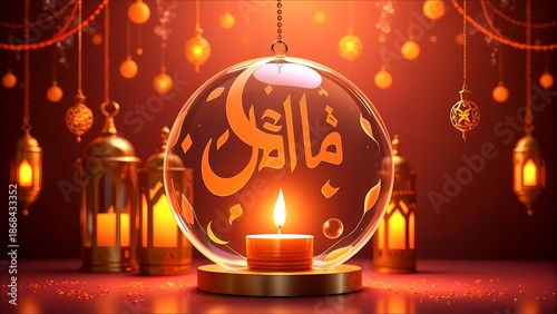 serene Ramadan-themed composition featuring a glowing traditional lantern (fanous) hanging against a warm golden gradient background. A soft crescent moon shines gently in the backdrop