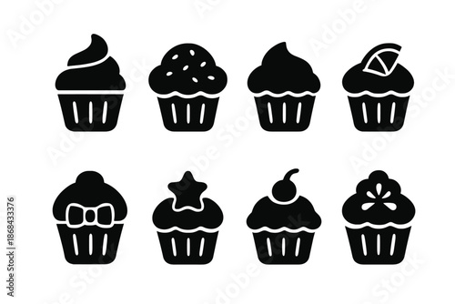 Cupcake Icon Collection. Cupcake varieties. Filled icon set of Cupcake varieties: swirl cupcake, sprinkle