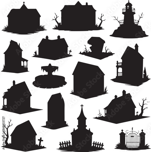 black silhouettes of various spooky Halloween houses and graveyard buildings