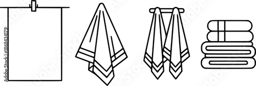Minimalist line icons: hanging paper, cloth napkin, towels and folded towel
