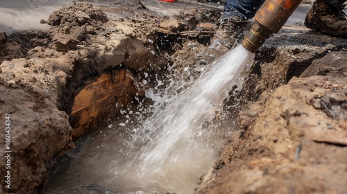 Plumber performing sewer line cleaning with high-pressure water jetting into exposed damaged pipe and muddy trench, illustrating drain clearing and pipe repair work.