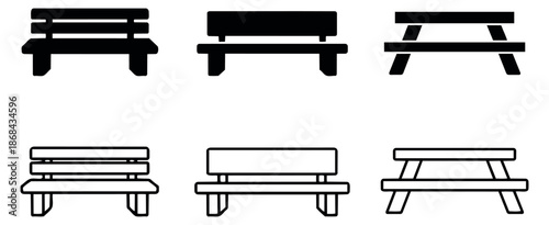 Minimalist outdoor furniture icon set featuring park benches and picnic tables for public spaces