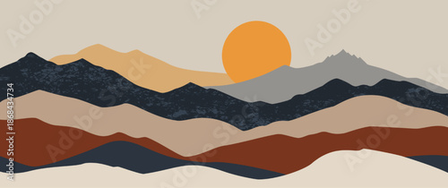 Abstract boho mountain landscape hand drawn vector with orange sun and dark hills for valentine seasonal decor nature poster design aesthetic wall art print